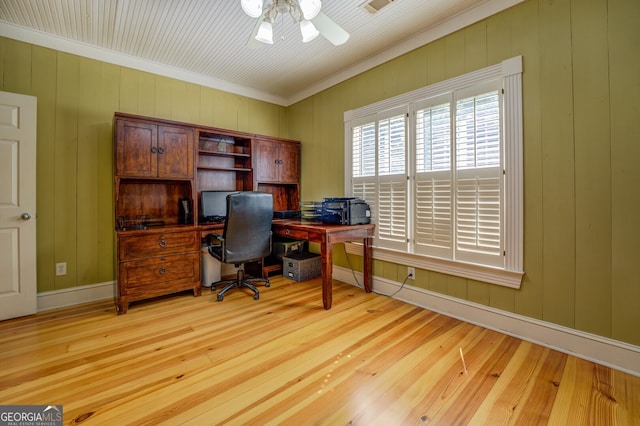 office space featuring light wood-type flooring, crown molding, ceiling fan, and wooden walls