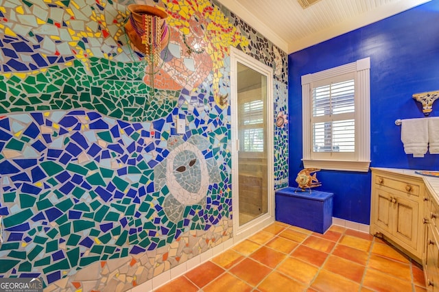 bathroom with vanity, walk in shower, and tile patterned floors