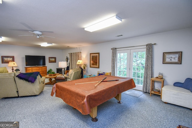 playroom with billiards, carpet flooring, and ceiling fan