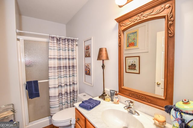 bathroom featuring vanity, toilet, and a shower with curtain