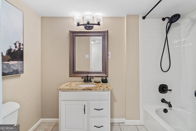 full bathroom with vanity, toilet, tiled shower / bath combo, and tile patterned floors