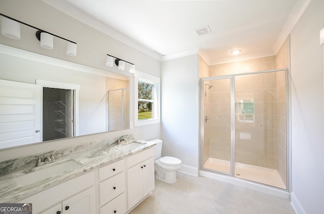 bathroom with an enclosed shower, vanity, toilet, and ornamental molding