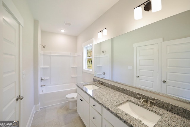 full bathroom featuring tile patterned flooring, vanity,  shower combination, and toilet