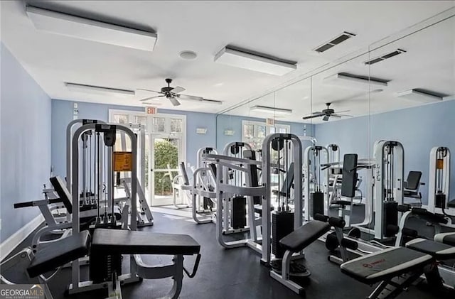 workout area featuring ceiling fan