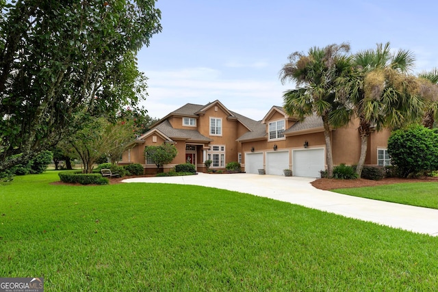 view of front of house featuring a front lawn and a garage