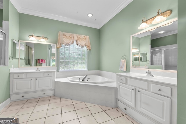 bathroom featuring crown molding, vanity, and plus walk in shower