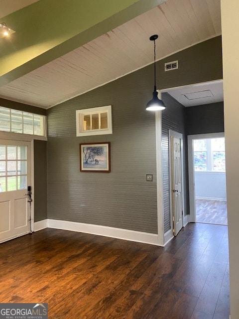 interior space featuring lofted ceiling, wood ceiling, and dark hardwood / wood-style floors