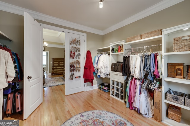 spacious closet with light hardwood / wood-style flooring and a chandelier