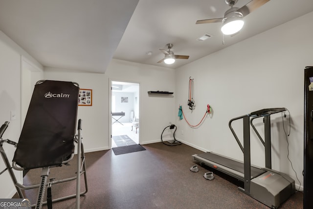 workout room with ceiling fan