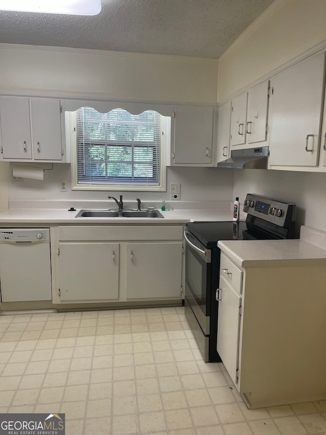 kitchen featuring stainless steel electric range oven, white dishwasher, sink, and a textured ceiling