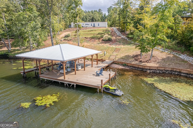 826 Shagbark Pointe Dr, Sparta, GA 31087 - dock area with a water view, boat lift, and stairway