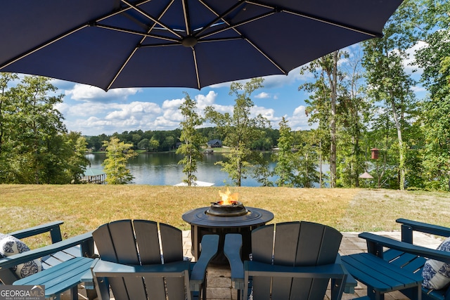 view of patio / terrace with a water view and a fire pit