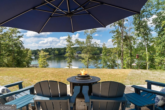 826 Shagbark Pointe Dr, Sparta, GA 31087 - view of patio with a water view and an outdoor fire pit