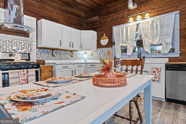 kitchen with ventilation hood, white cabinets, and appliances with stainless steel finishes