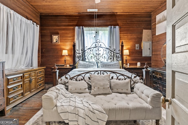 bedroom featuring dark hardwood / wood-style flooring, wooden walls, electric panel, and wood ceiling