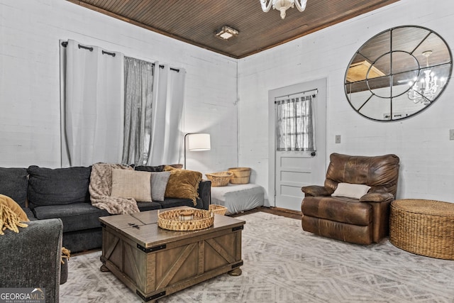 living room with wooden ceiling and a chandelier