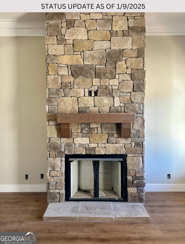 room details featuring a fireplace, hardwood / wood-style floors, and crown molding