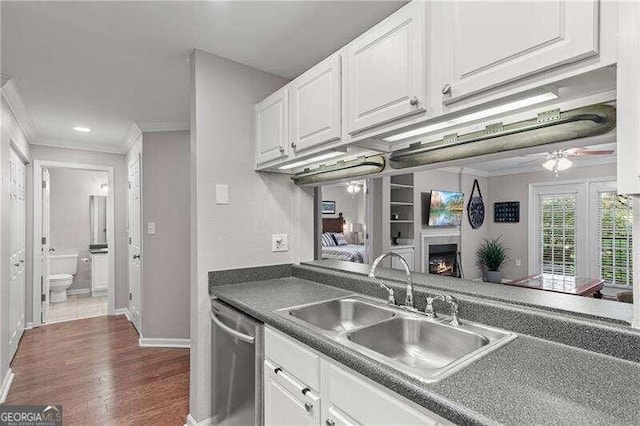 kitchen with a sink, crown molding, white cabinetry, a ceiling fan, and stainless steel dishwasher