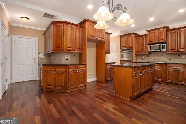 kitchen featuring ornamental molding, appliances with stainless steel finishes, decorative backsplash, and dark hardwood / wood-style floors