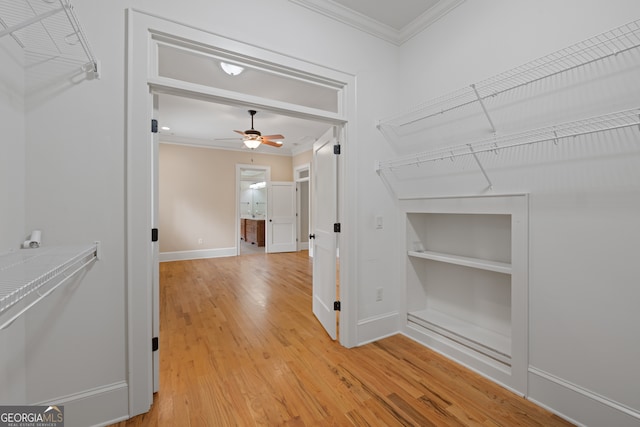 walk in closet featuring ceiling fan and light hardwood / wood-style flooring