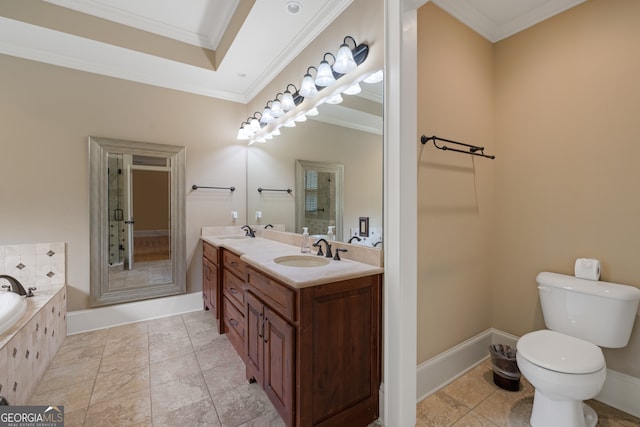 bathroom with toilet, tile patterned floors, crown molding, vanity, and a relaxing tiled tub