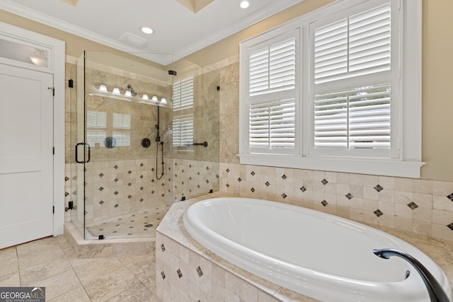 bathroom featuring plenty of natural light, shower with separate bathtub, ornamental molding, and tile patterned floors