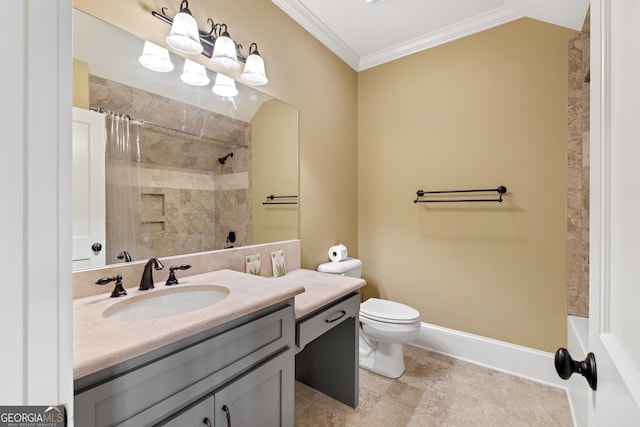 full bathroom featuring crown molding, vanity, toilet, and shower / tub combo