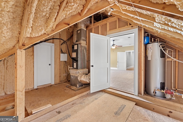 attic featuring heating unit and water heater