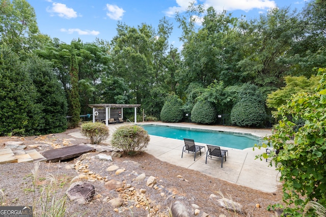 view of swimming pool with a pergola and a patio