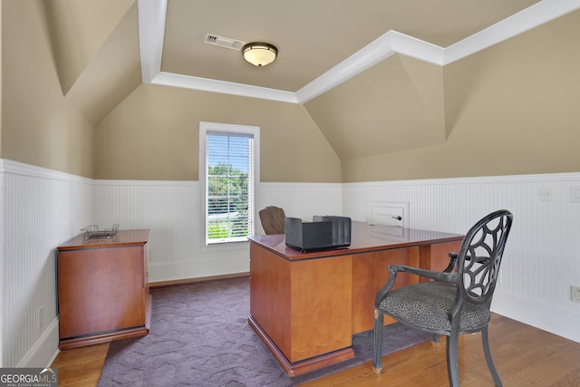 office space with dark wood-type flooring and lofted ceiling