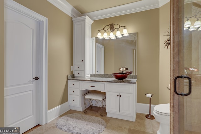 bathroom featuring crown molding, vanity, toilet, and walk in shower