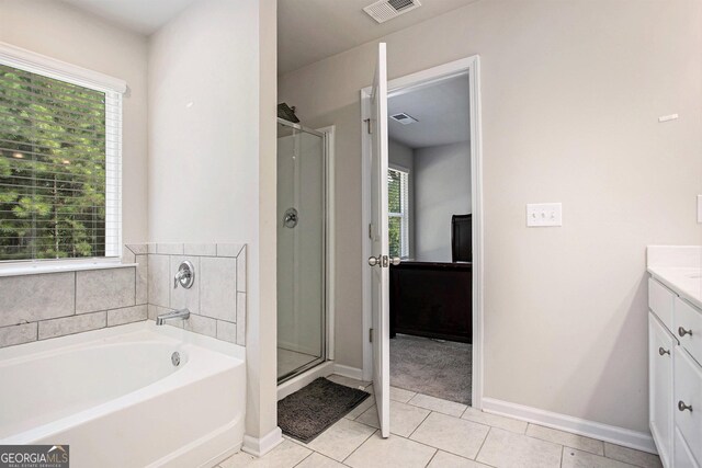 bathroom with vanity, plenty of natural light, and plus walk in shower