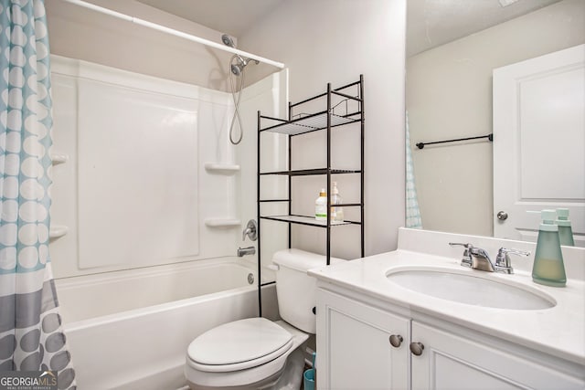 full bathroom with shower / bath combo, toilet, and vanity