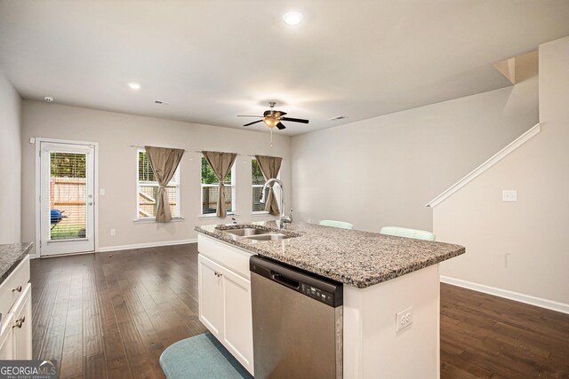 kitchen featuring white cabinetry, dishwasher, an island with sink, sink, and dark hardwood / wood-style floors