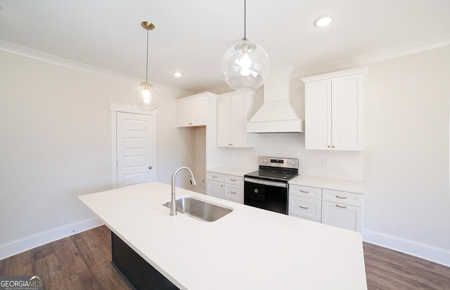 kitchen featuring custom range hood, baseboards, a sink, and stainless steel electric stove