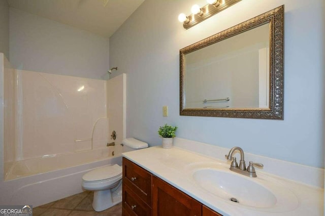 full bathroom featuring vanity, toilet, shower / bath combination, and tile patterned floors