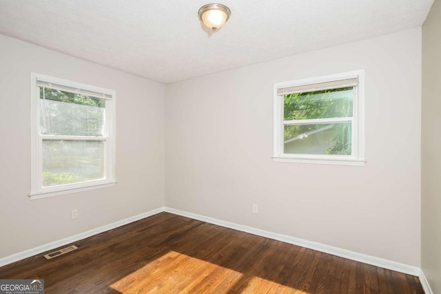 empty room with a wealth of natural light, hardwood / wood-style flooring, and a textured ceiling