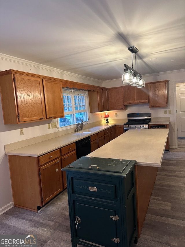 kitchen with a center island, dark wood-type flooring, hanging light fixtures, stainless steel gas range, and black dishwasher