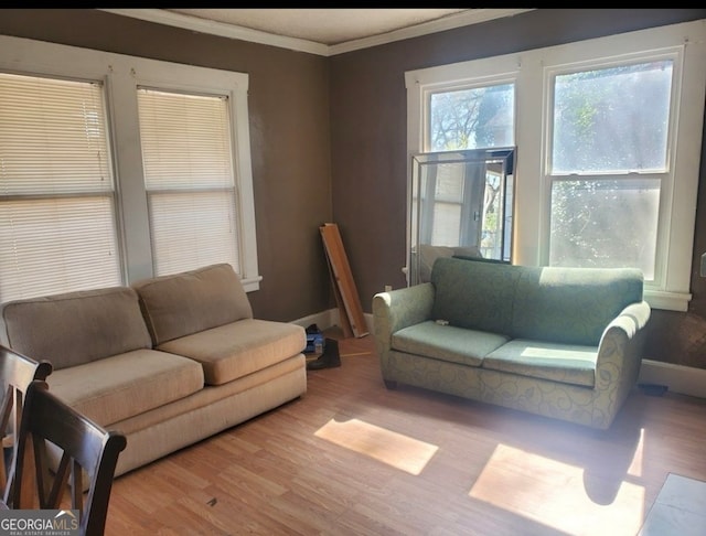 living room with crown molding and light hardwood / wood-style floors