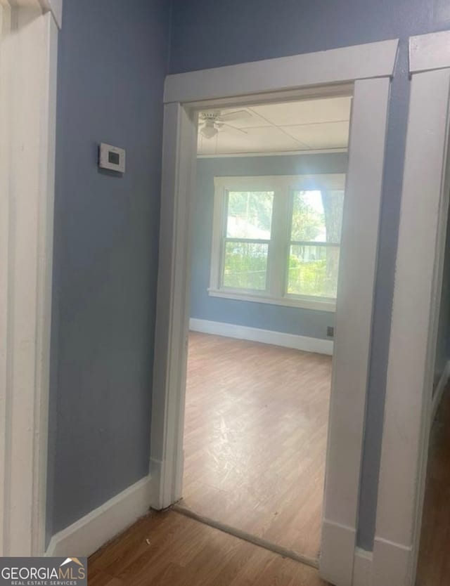 corridor with hardwood / wood-style flooring