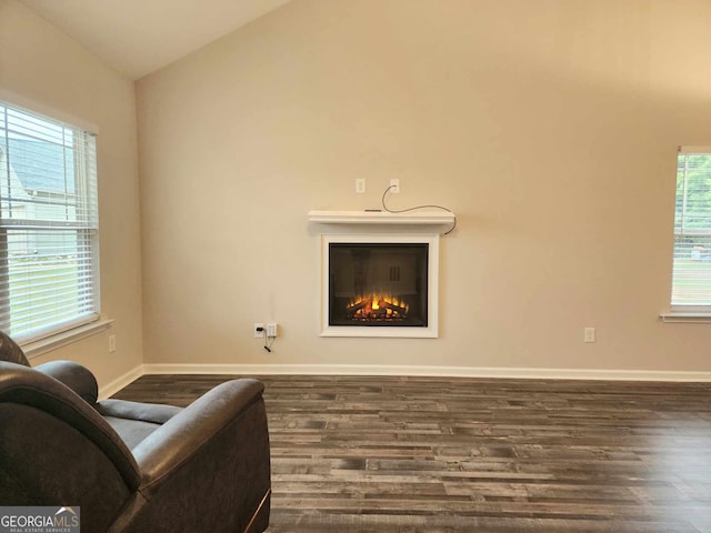 living area featuring vaulted ceiling and dark hardwood / wood-style flooring