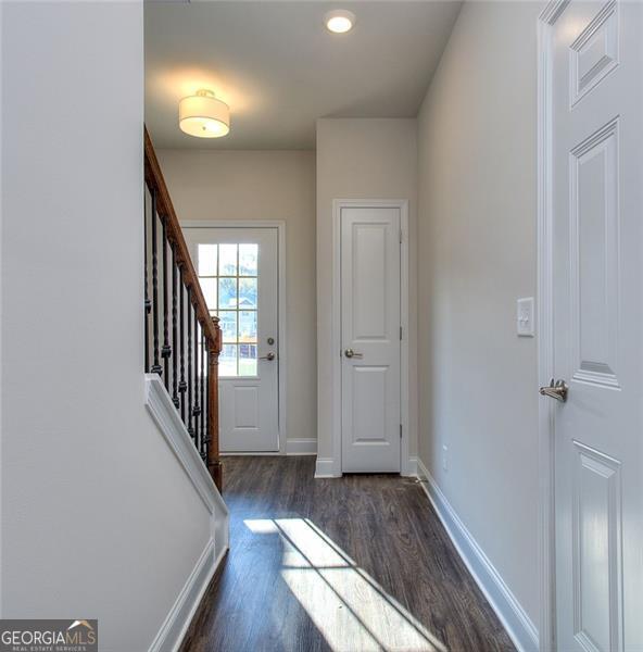 entryway with dark wood-type flooring