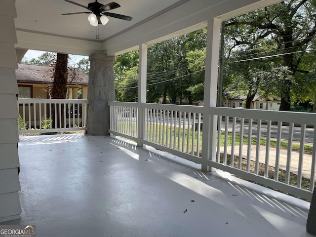 view of patio with a porch and ceiling fan