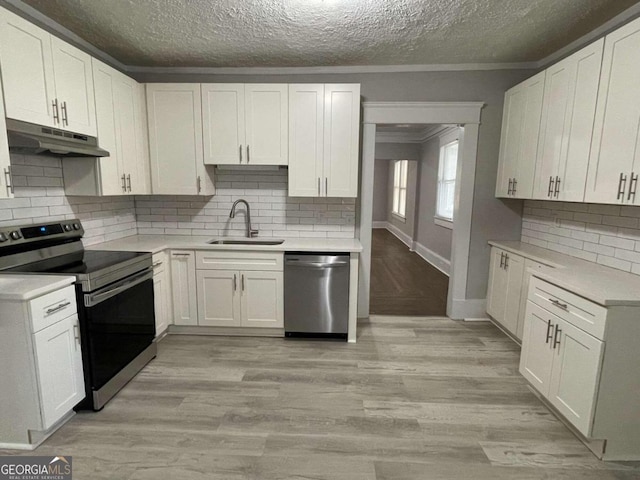 kitchen with light hardwood / wood-style flooring, sink, appliances with stainless steel finishes, and white cabinets