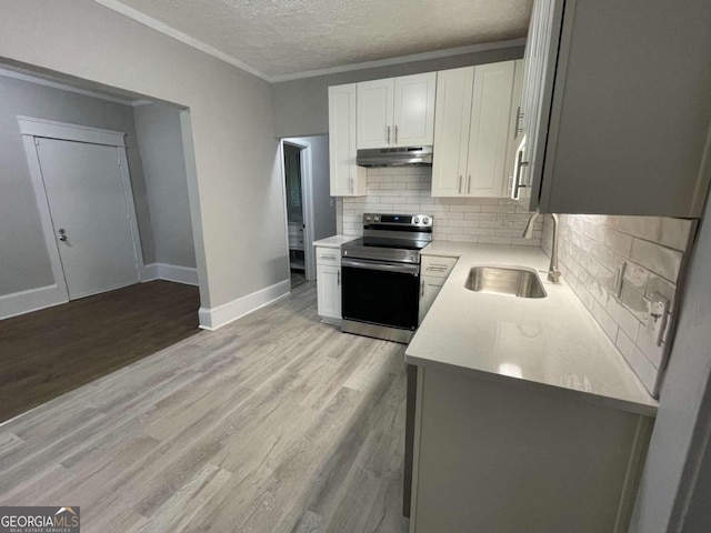 kitchen with electric stove, white cabinetry, a textured ceiling, light hardwood / wood-style flooring, and sink