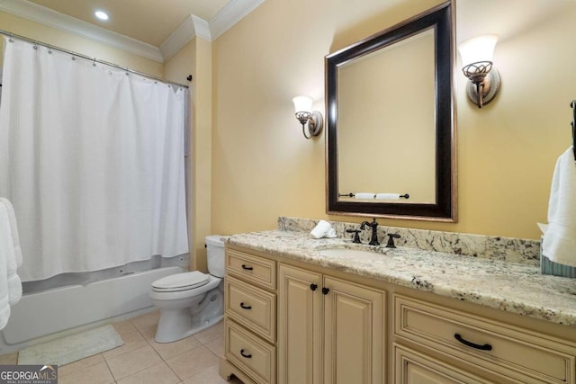 full bathroom featuring tile patterned flooring, ornamental molding, shower / tub combo with curtain, vanity, and toilet