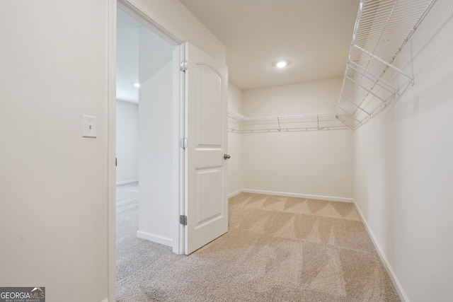 walk in closet featuring light colored carpet