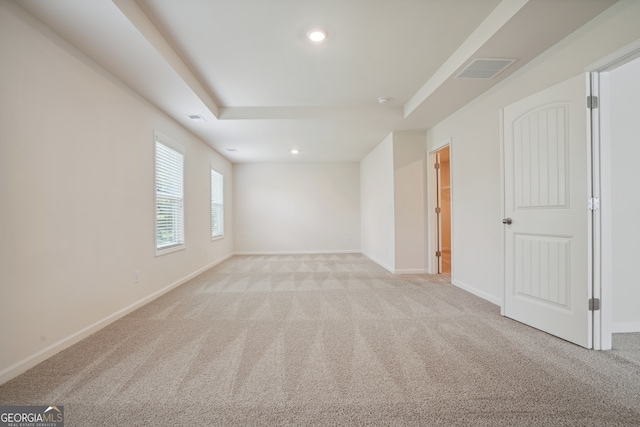 spare room featuring a raised ceiling and light colored carpet