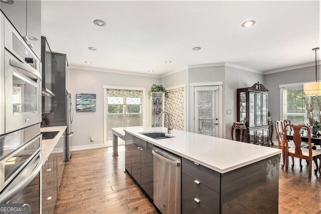 kitchen featuring appliances with stainless steel finishes, hardwood / wood-style flooring, hanging light fixtures, sink, and a center island with sink