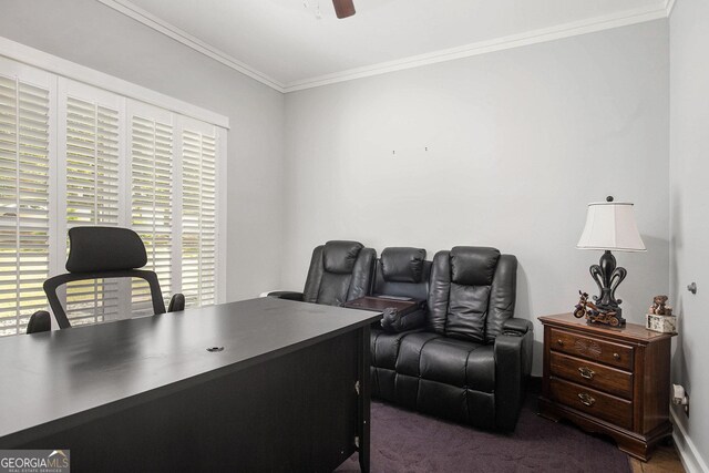 office featuring ceiling fan and ornamental molding